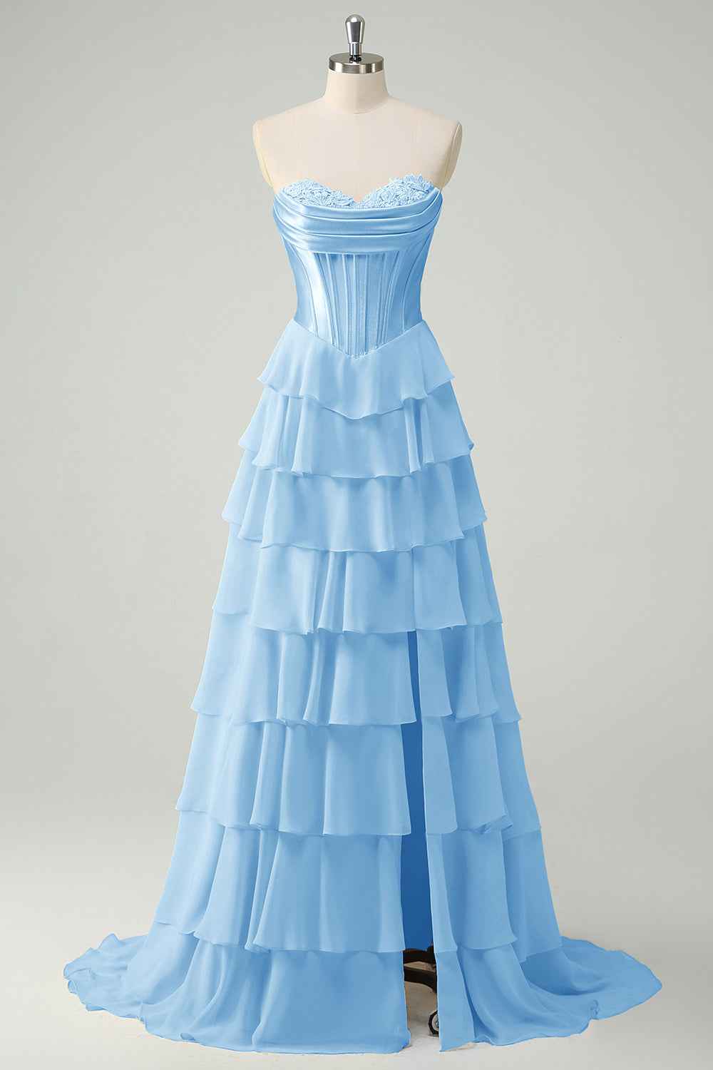 Blue Sweetheart Ruffled Long Corset Prom Dress With Slit