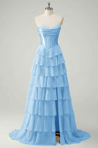 Blue Sweetheart Ruffled Long Corset Prom Dress With Slit