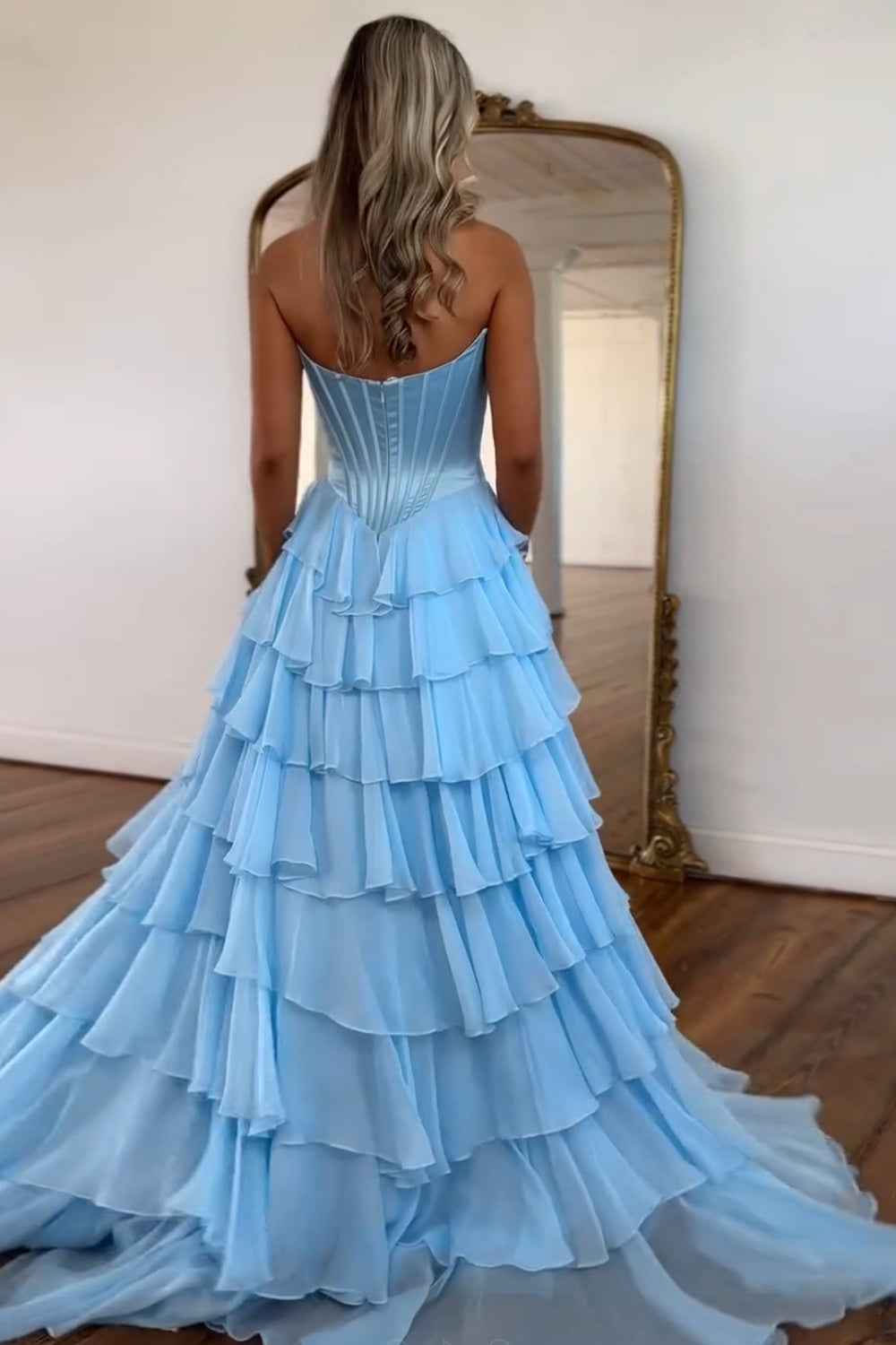 Blue Sweetheart Ruffled Long Corset Prom Dress With Slit