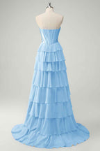 Blue Sweetheart Ruffled Long Corset Prom Dress With Slit