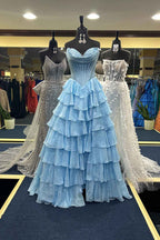 Yellow Princess Sweetheart Chiffon Long Corset Prom Dress With Tiered Ruffles