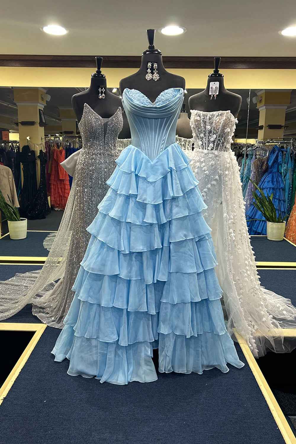Yellow Princess Sweetheart Chiffon Long Corset Prom Dress With Tiered Ruffles