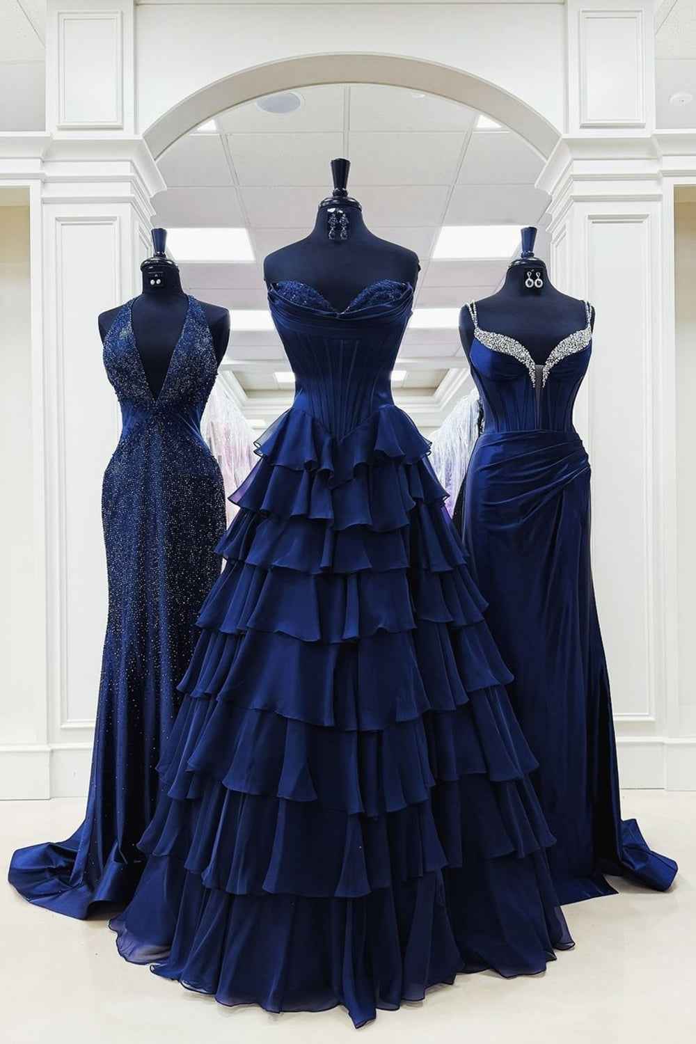Blue Sweetheart Ruffled Long Corset Prom Dress With Slit