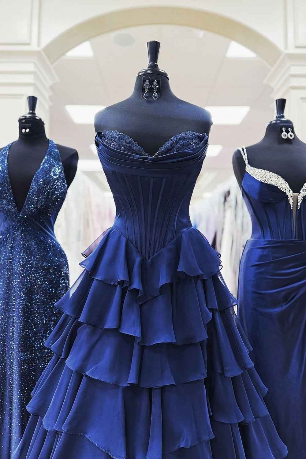 Blue Sweetheart Ruffled Long Corset Prom Dress With Slit