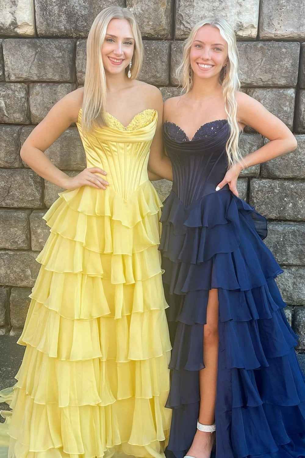 Yellow Princess Sweetheart Chiffon Long Corset Prom Dress With Tiered Ruffles