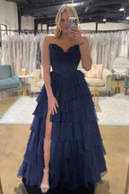 Blue Sweetheart Ruffled Long Corset Prom Dress With Slit
