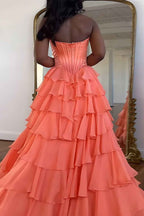 Blue Sweetheart Ruffled Long Corset Prom Dress With Slit