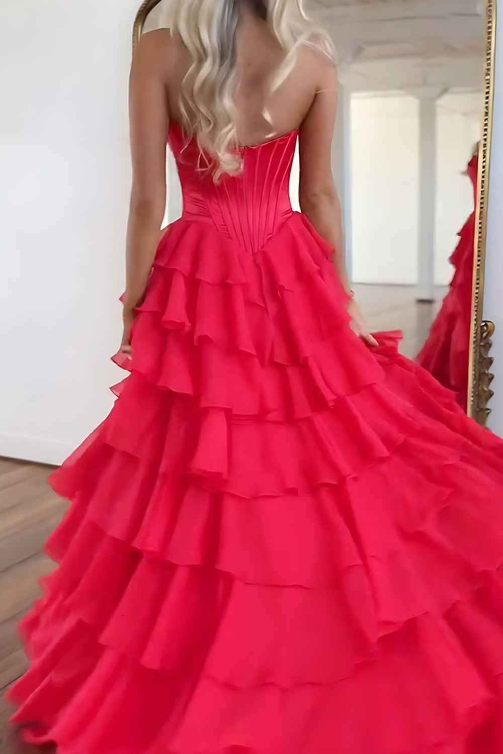 Blue Sweetheart Ruffled Long Corset Prom Dress With Slit