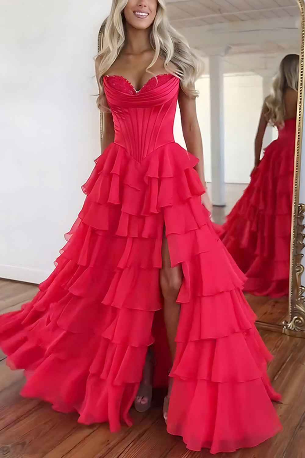 Blue Sweetheart Ruffled Long Corset Prom Dress With Slit