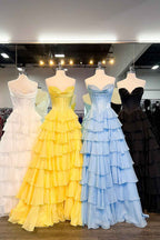 Yellow Princess Sweetheart Chiffon Long Corset Prom Dress With Tiered Ruffles