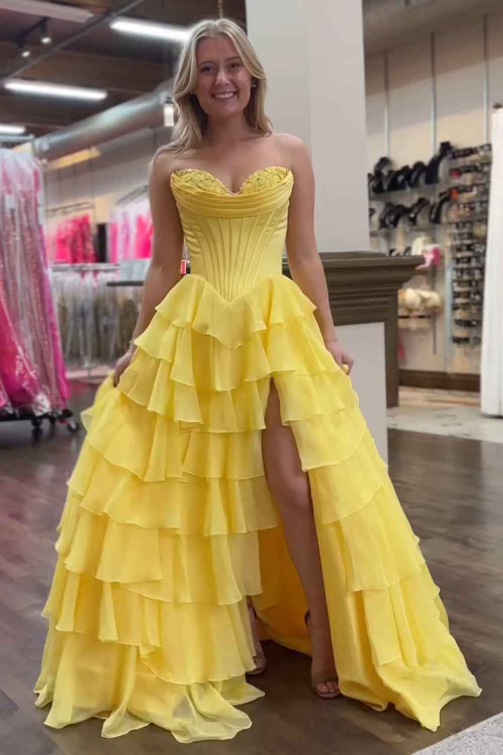 Yellow Princess Sweetheart Chiffon Long Corset Prom Dress With Tiered Ruffles