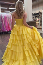 Yellow Princess Sweetheart Chiffon Long Corset Prom Dress With Tiered Ruffles