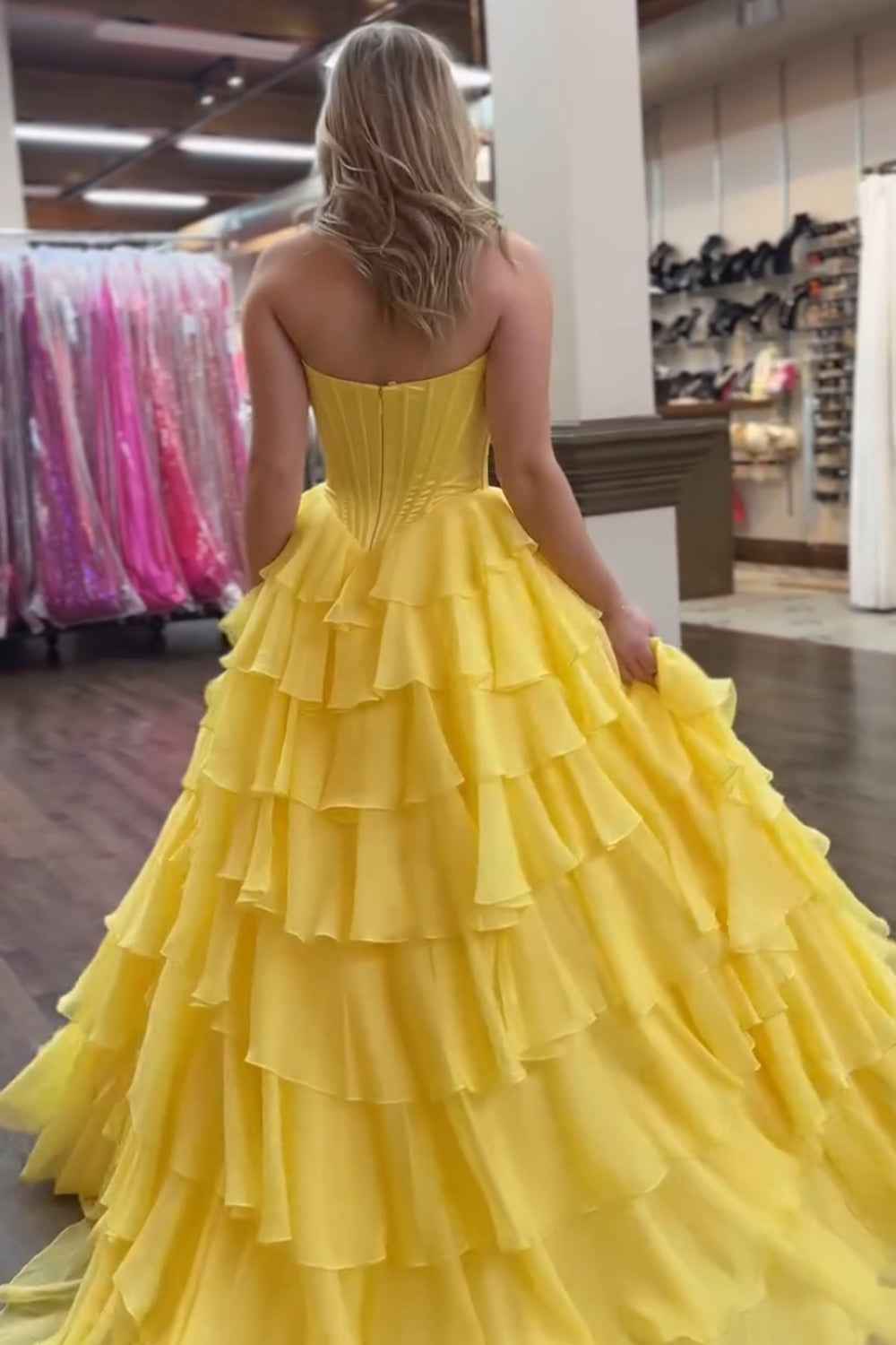 Yellow Princess Sweetheart Chiffon Long Corset Prom Dress With Tiered Ruffles