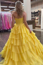 Yellow Princess Sweetheart Chiffon Long Corset Prom Dress With Tiered Ruffles