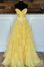 Blue Sweetheart Ruffled Long Corset Prom Dress With Slit