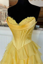 Blue Sweetheart Ruffled Long Corset Prom Dress With Slit