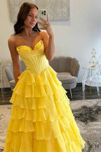 Yellow Princess Sweetheart Chiffon Long Corset Prom Dress With Tiered Ruffles