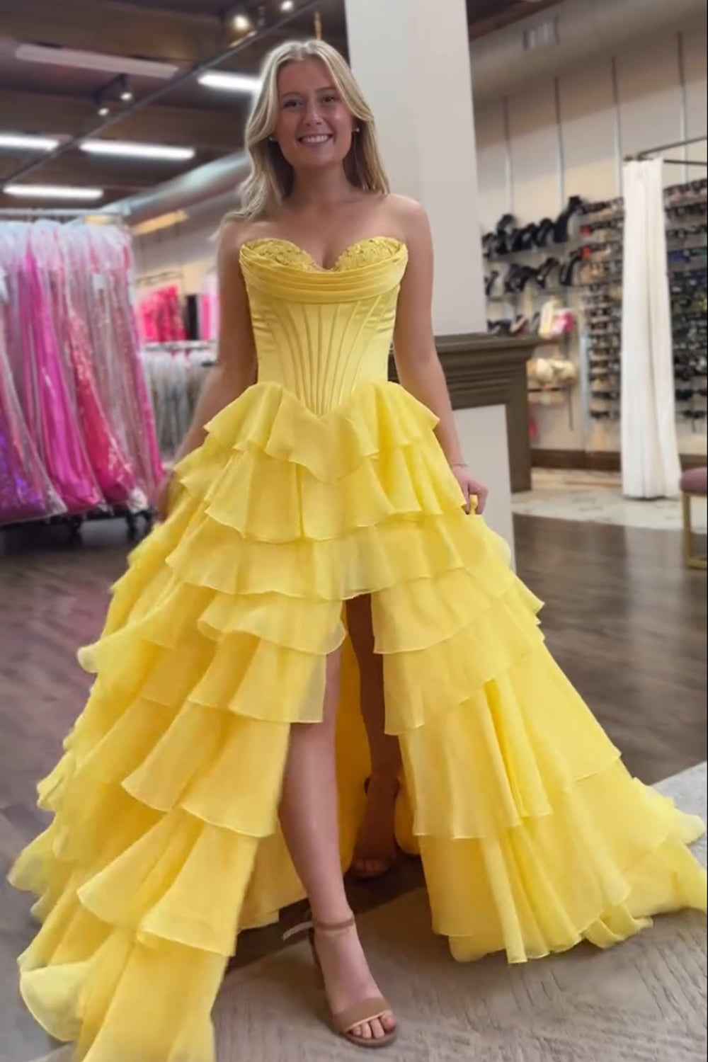 Yellow Princess Sweetheart Chiffon Long Corset Prom Dress With Tiered Ruffles