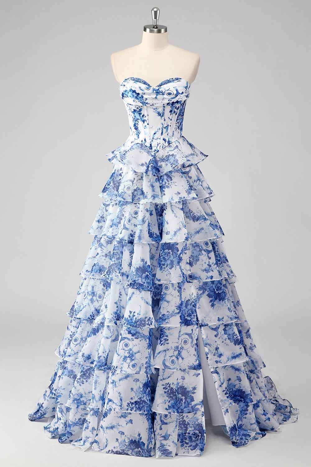 Blush Sweetheart A Line Chiffon Floral Ruffled Long Corset Prom Dress With Slit