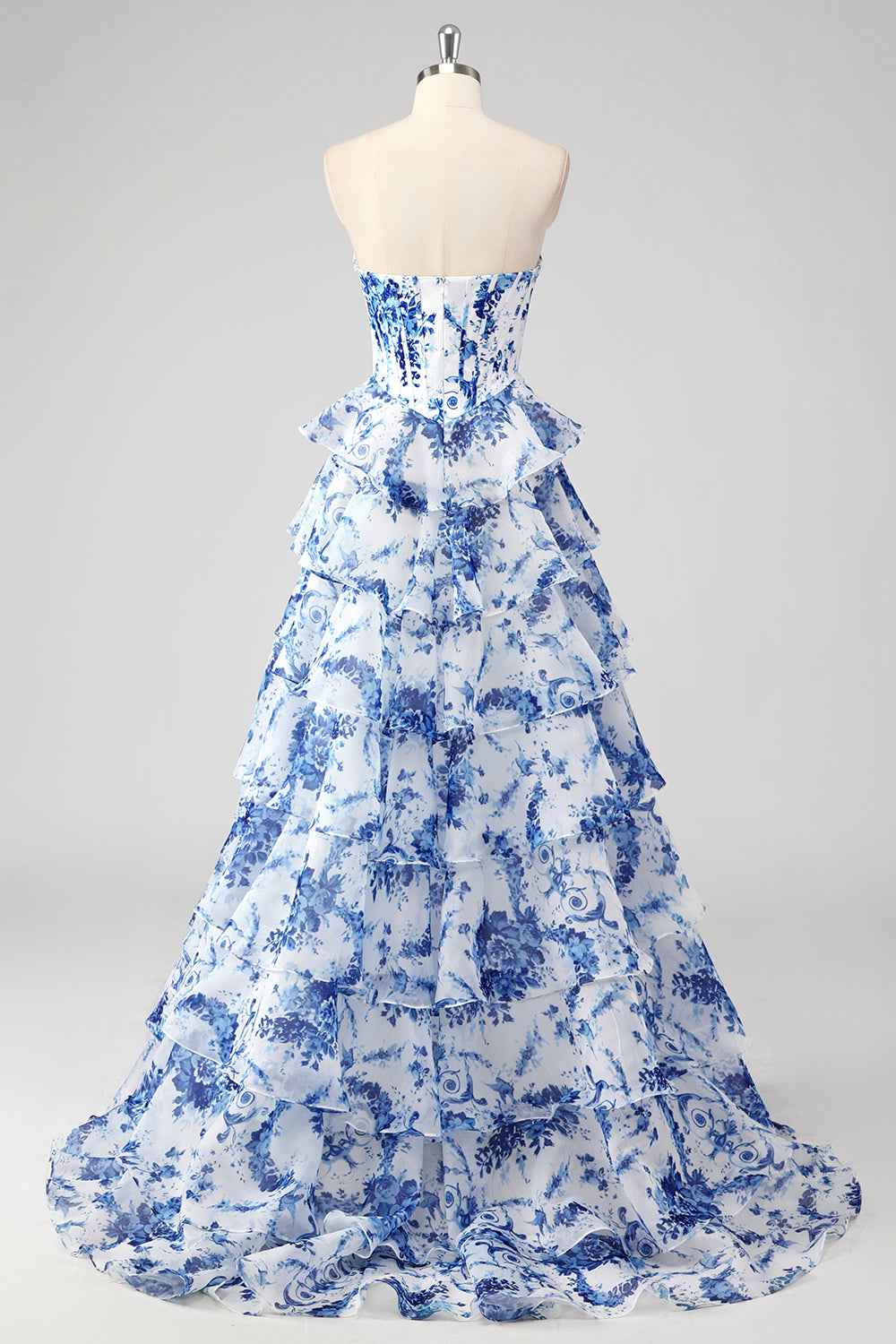 Blush Sweetheart A Line Chiffon Floral Ruffled Long Corset Prom Dress With Slit