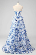 Blush Sweetheart A Line Chiffon Floral Ruffled Long Corset Prom Dress With Slit