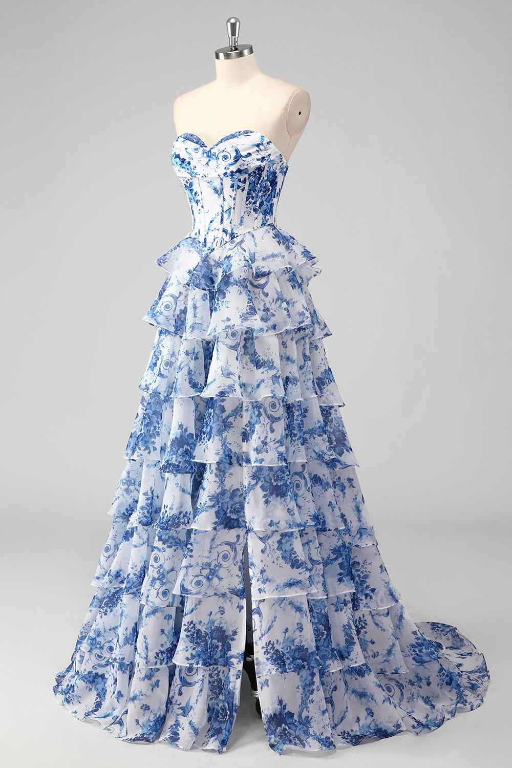 Blush Sweetheart A Line Chiffon Floral Ruffled Long Corset Prom Dress With Slit