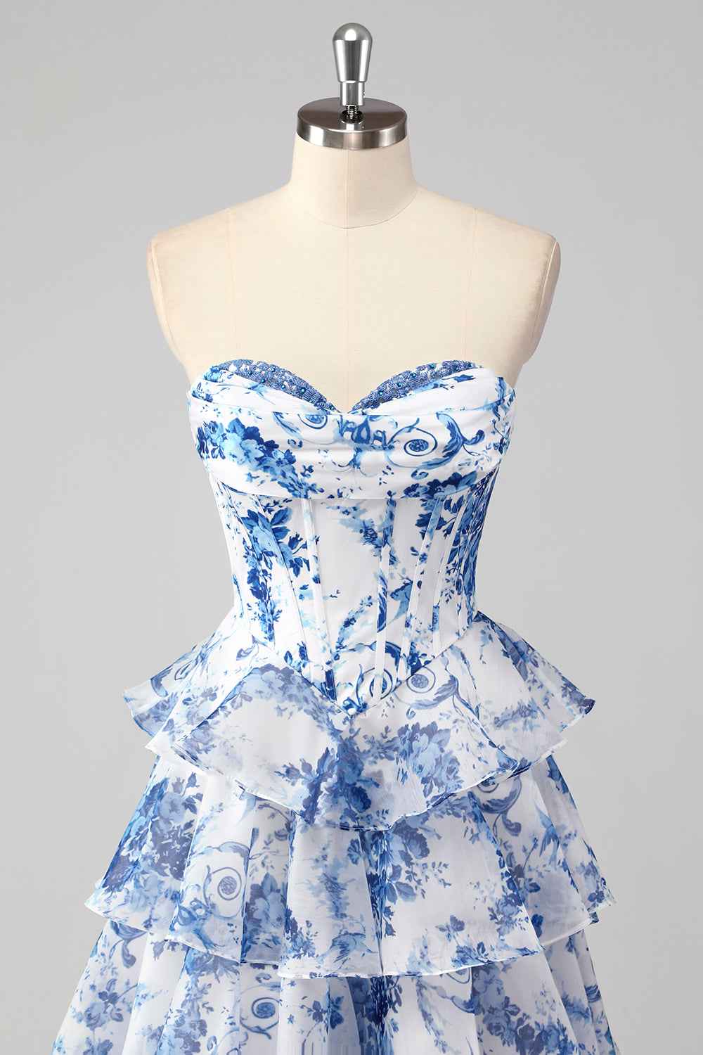 Blush Sweetheart A Line Chiffon Floral Ruffled Long Corset Prom Dress With Slit