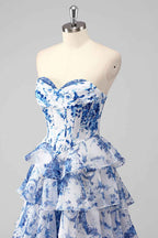 Blush Sweetheart A Line Chiffon Floral Ruffled Long Corset Prom Dress With Slit