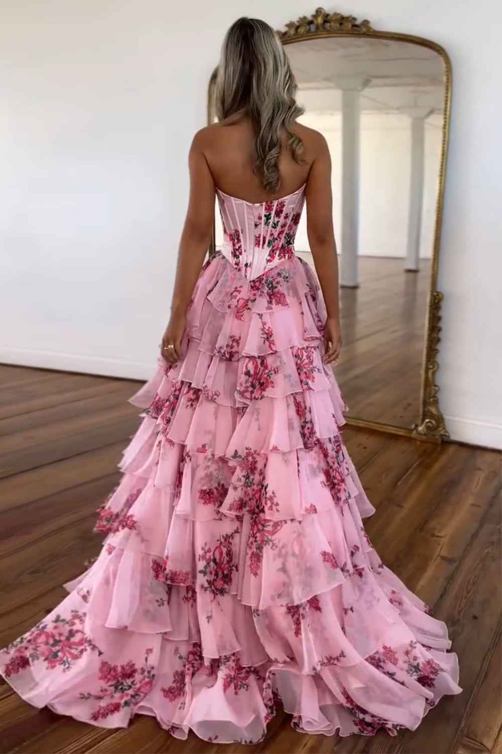 Blush Sweetheart A Line Chiffon Floral Ruffled Long Corset Prom Dress With Slit