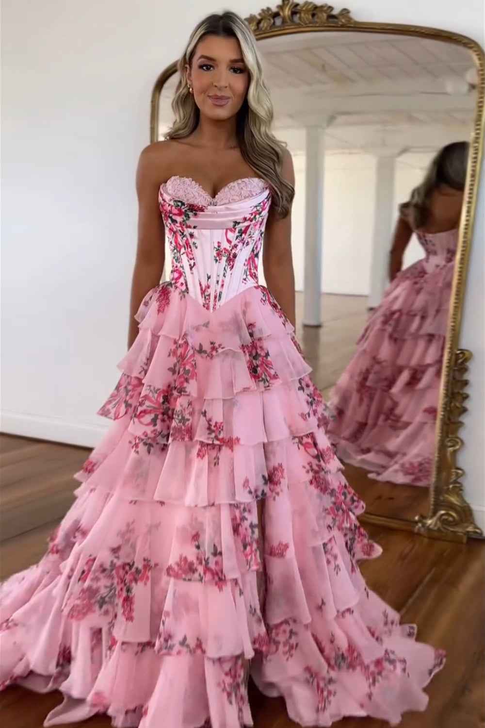 Blush Sweetheart A Line Chiffon Floral Ruffled Long Corset Prom Dress With Slit