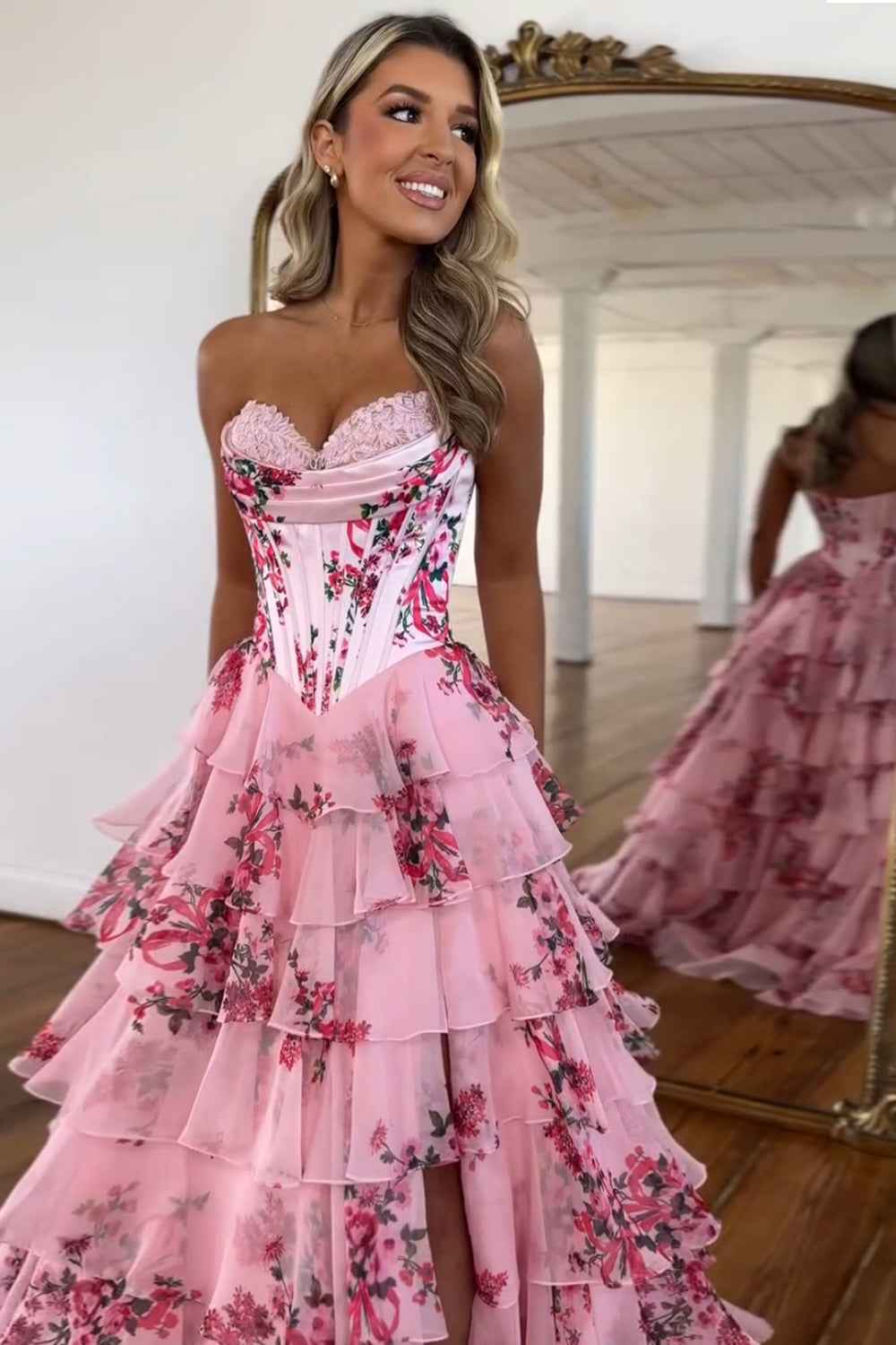 Blush Sweetheart A Line Chiffon Floral Ruffled Long Corset Prom Dress With Slit