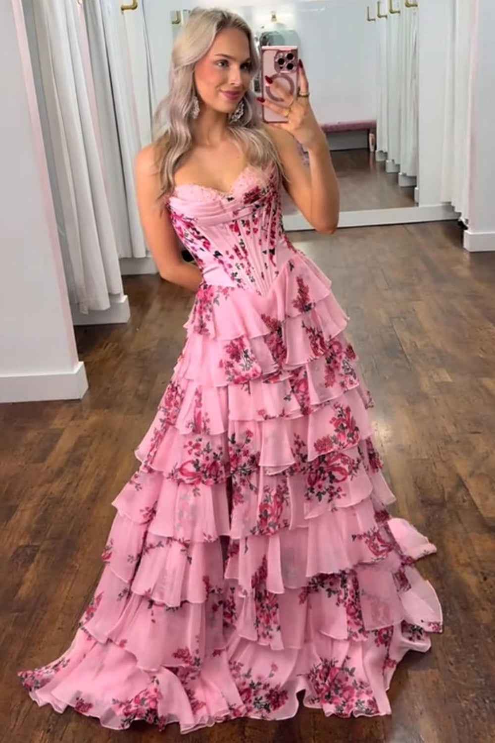 Blush Sweetheart A Line Chiffon Floral Ruffled Long Corset Prom Dress With Slit