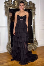 Black Sweetheart Chiffon A Line Tiered Long Prom Dress With Slit