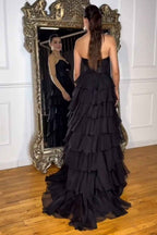 Black Sweetheart Chiffon A Line Tiered Long Prom Dress With Slit