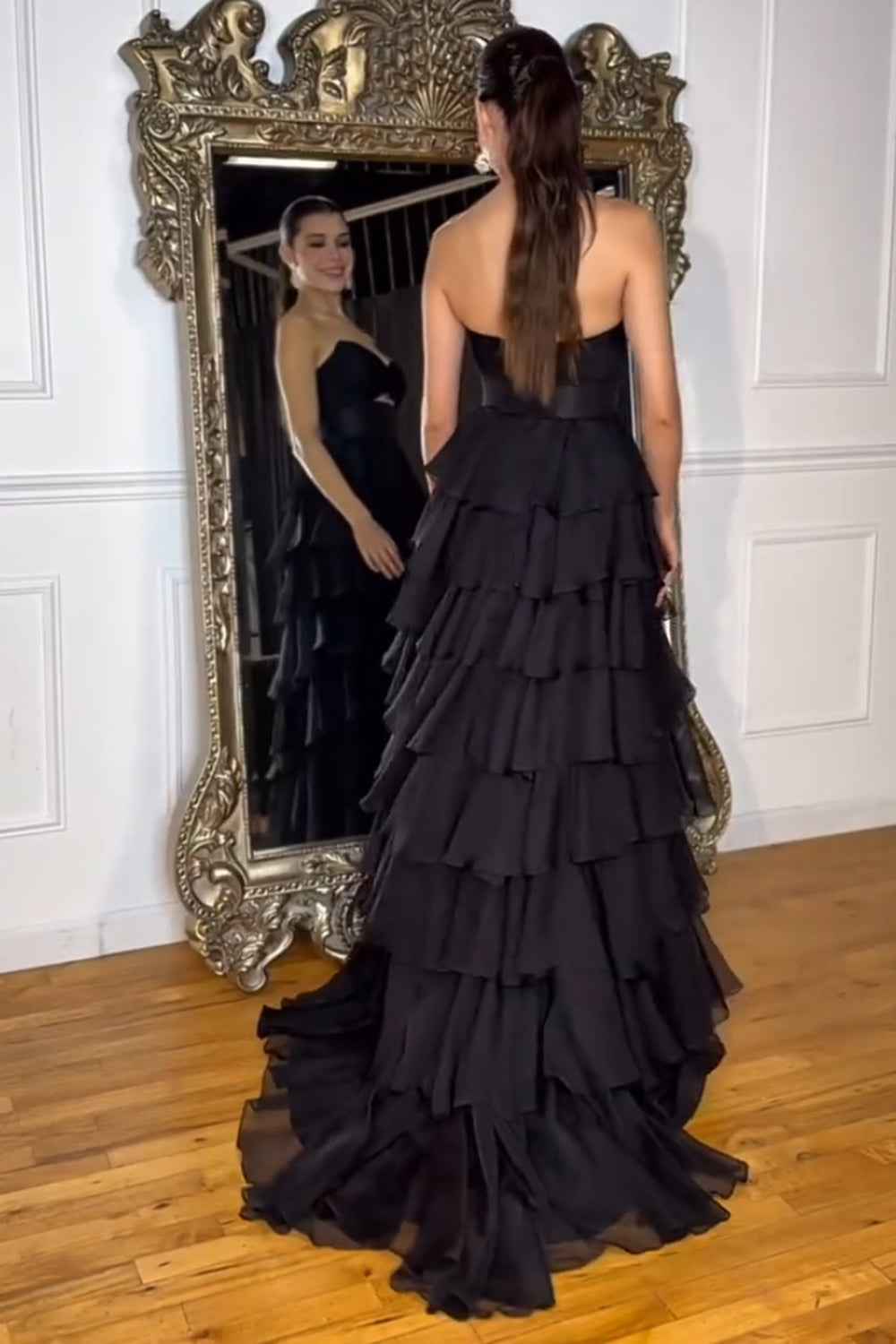 Black Sweetheart Chiffon A Line Tiered Long Prom Dress With Slit