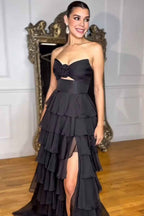 Black Sweetheart Chiffon A Line Tiered Long Prom Dress With Slit