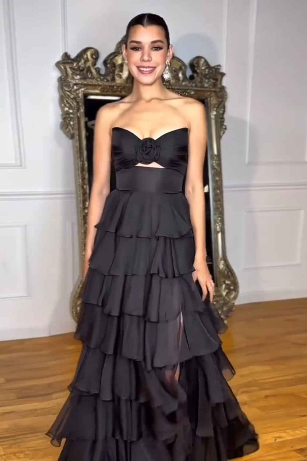 Black Sweetheart Chiffon A Line Tiered Long Prom Dress With Slit