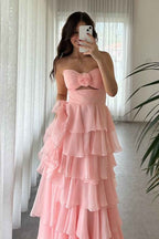 Black Sweetheart Chiffon A Line Tiered Long Prom Dress With Slit