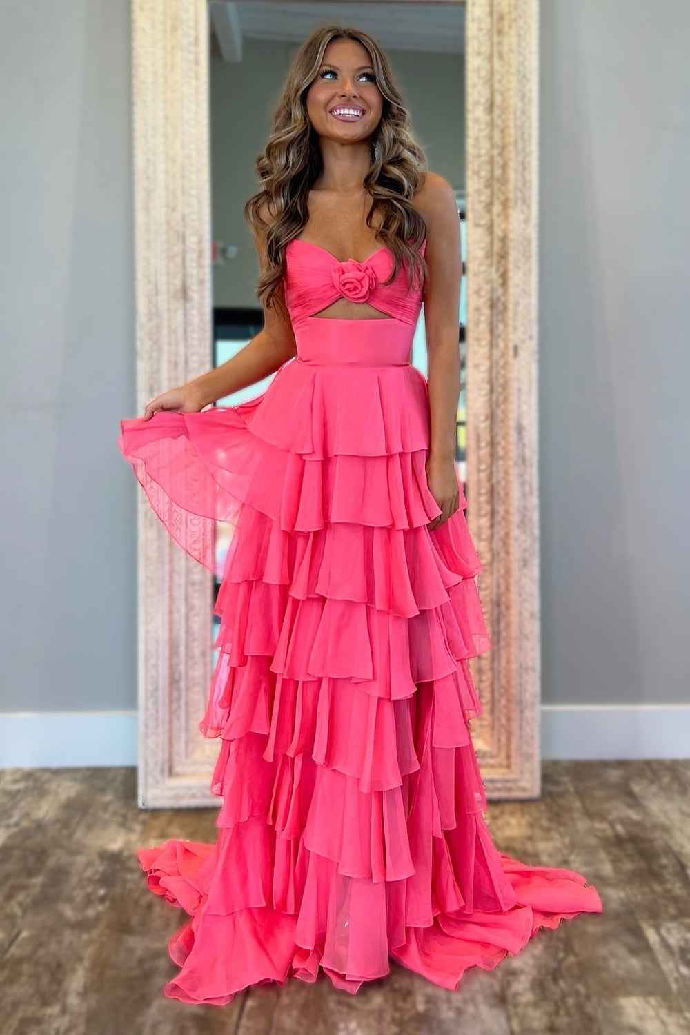 Black Sweetheart Chiffon A Line Tiered Long Prom Dress With Slit