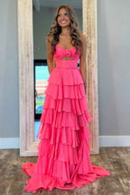 Black Sweetheart Chiffon A Line Tiered Long Prom Dress With Slit
