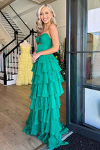 Black Sweetheart Chiffon A Line Tiered Long Prom Dress With Slit