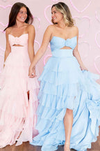 Black Sweetheart Chiffon A Line Tiered Long Prom Dress With Slit