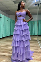 Black Sweetheart Chiffon A Line Tiered Long Prom Dress With Slit