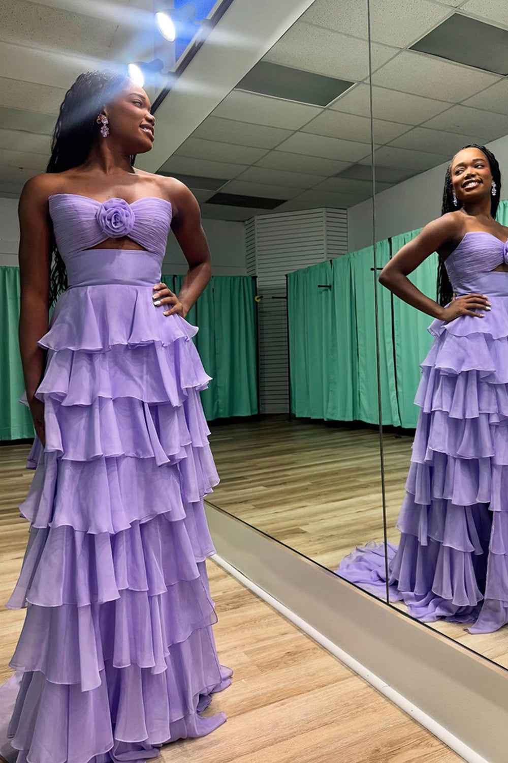 Black Sweetheart Chiffon A Line Tiered Long Prom Dress With Slit