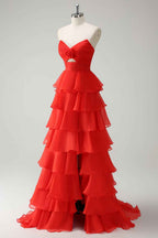 Black Sweetheart Chiffon A Line Tiered Long Prom Dress With Slit