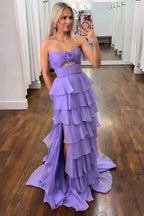 Royal Blue Sweetheart Chiffon A Line Prom Dress With Tiered Slit