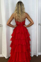 Black Sweetheart Chiffon A Line Tiered Long Prom Dress With Slit