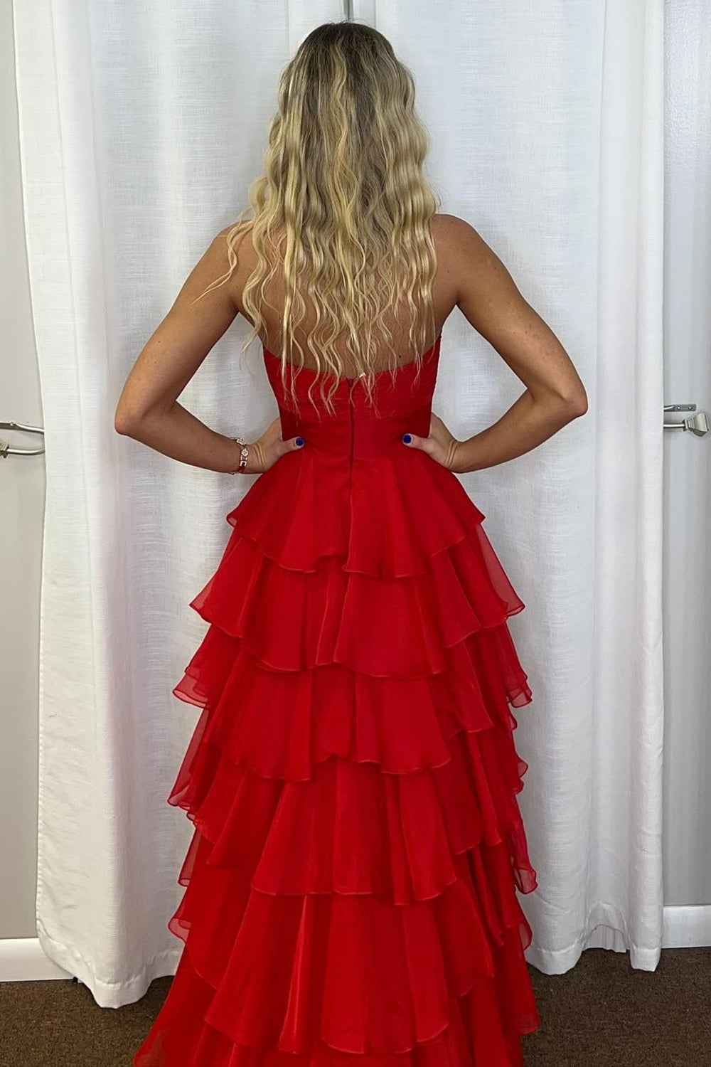 Black Sweetheart Chiffon A Line Tiered Long Prom Dress With Slit