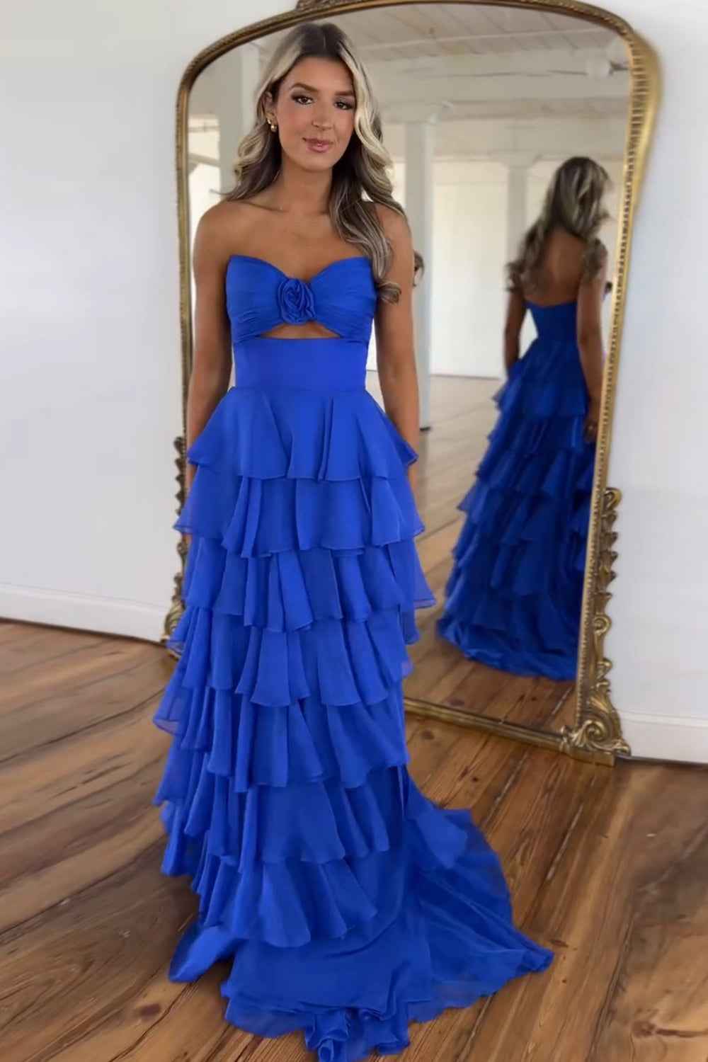 Black Sweetheart Chiffon A Line Tiered Long Prom Dress With Slit