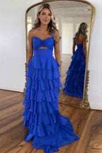 Royal Blue Sweetheart Chiffon A Line Prom Dress With Tiered Slit